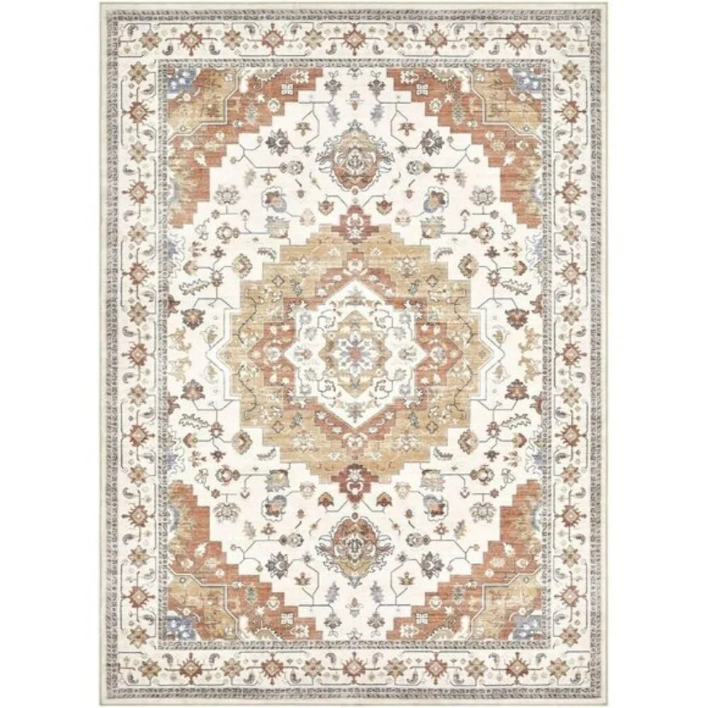 New 5x7 Vintage Floral Area Rug, Washable Soft Farmhouse Carpet in Yellow & Red